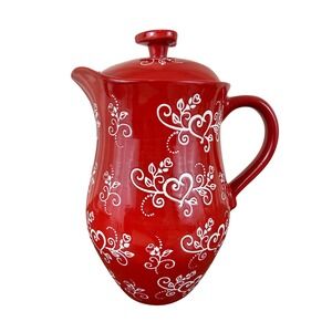 Temp-tations by Tara Red Floral Lace 2 QT 10" Pitcher with Lid EUC!